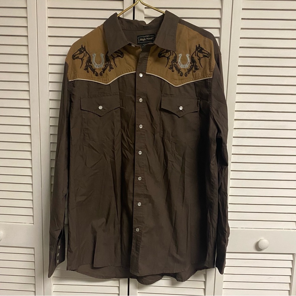 High Noon Mens XL Horse Embroidery Brown Pearl Snap Cowboy Western Shirt